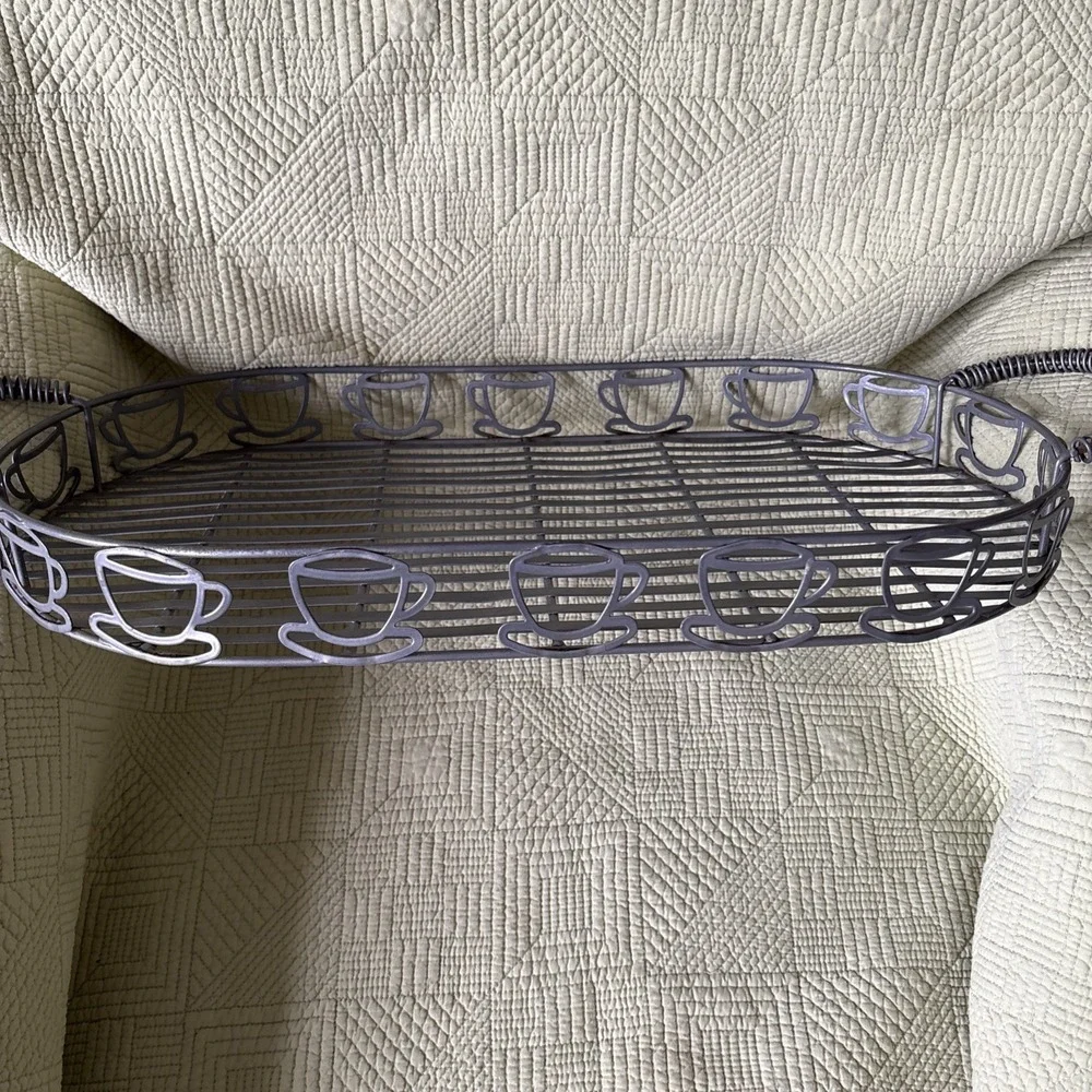 Metal Wire Coffee Cup Serving Tray Basket 20x11 Coffee Bar Kitchen Decor Large